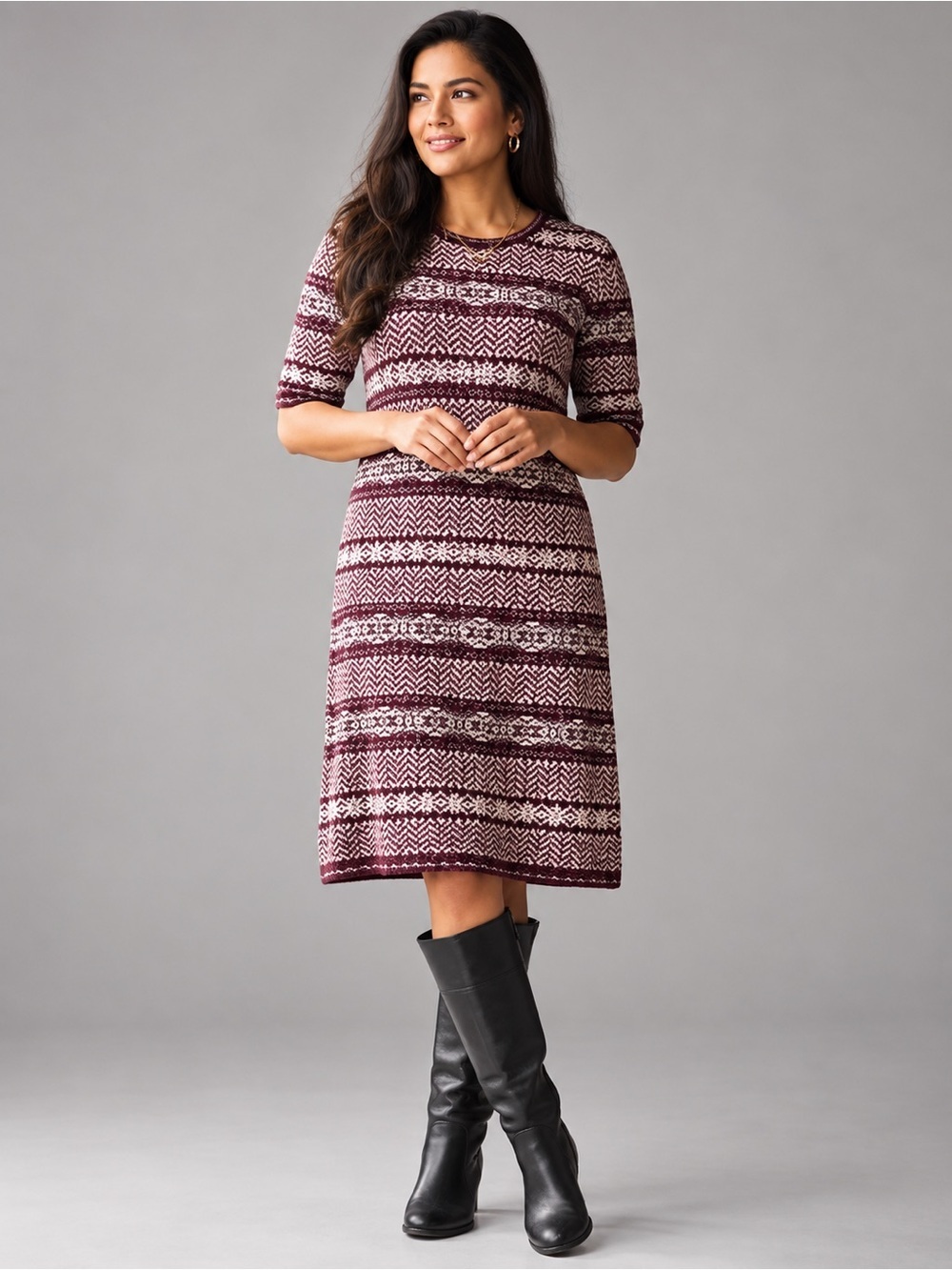 Lauren Ralph Lauren Fair Isle Knit Dress Cashmere Blend Burgundy Gray Cream Sz M